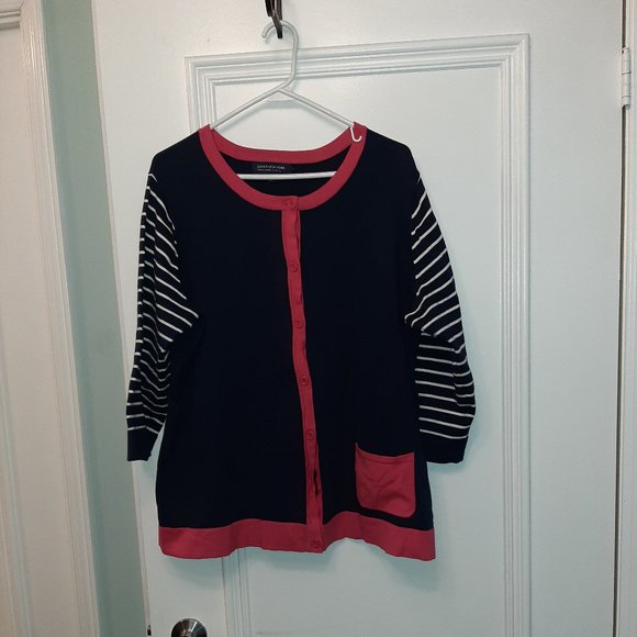 Jones New York 'Woman' 2X blue and fuschia cardigan with striped sleeves - Picture 1 of 2